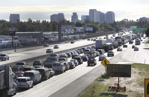 Drivers enter Sacramento on Highway 50 to come to a near stand still as traffic backs up.